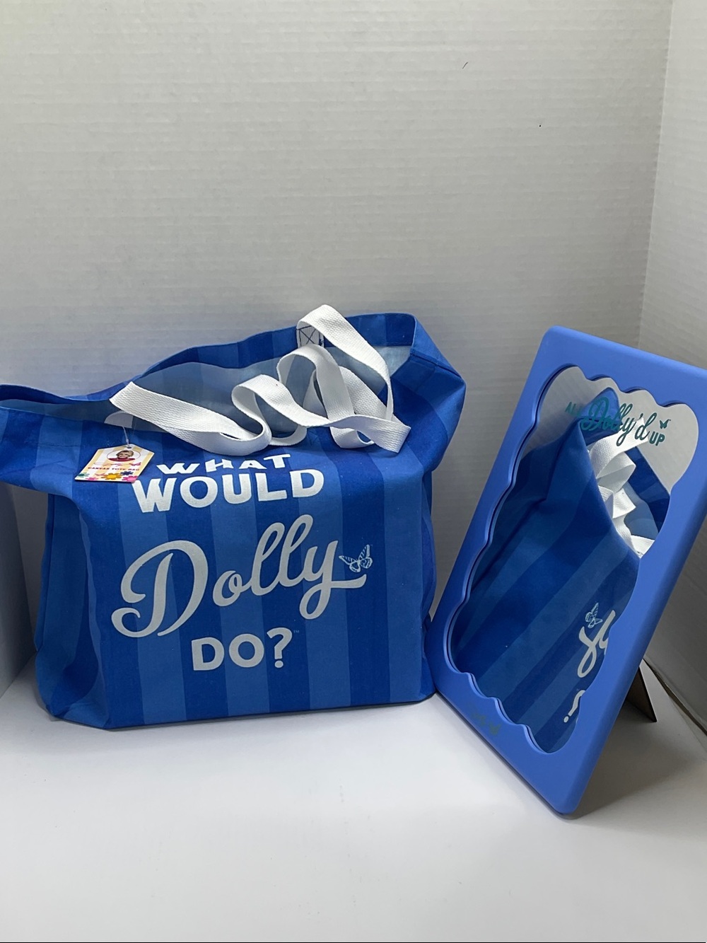 Dolly Parton Blue Striped Tote and Matching Blue Hand Mirror